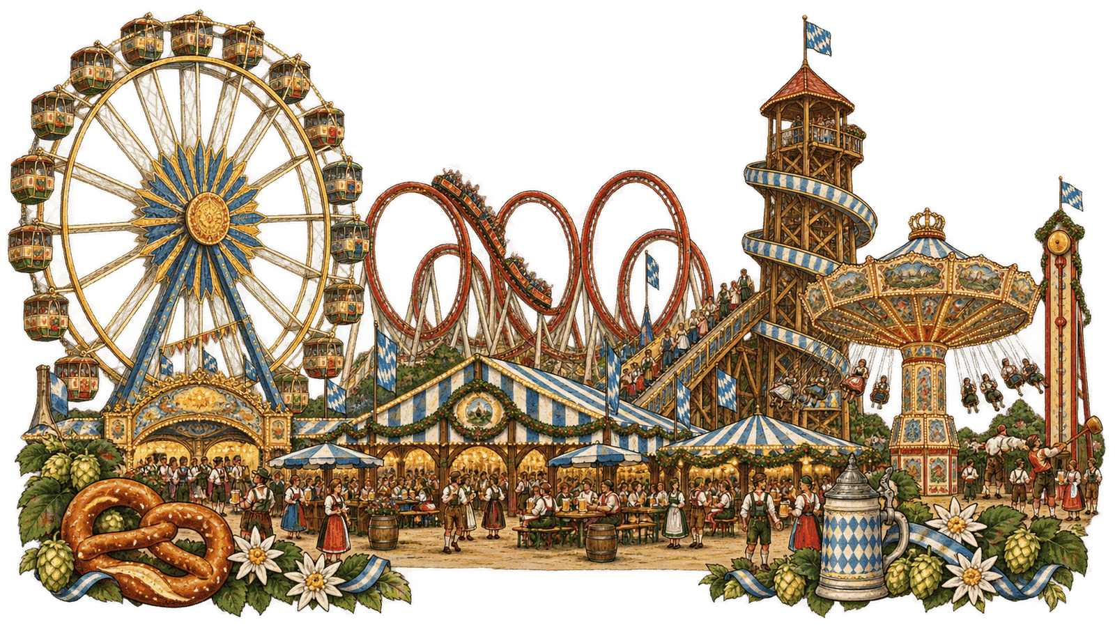 Theresienwiese med pariserhjul, Olympia Looping och tälten, målat i gammal Wiesn-stil
